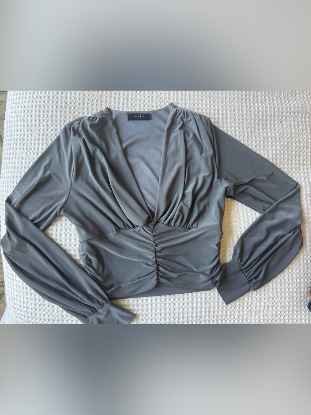 Gray Ruched V-Neck Long Sleeve Top